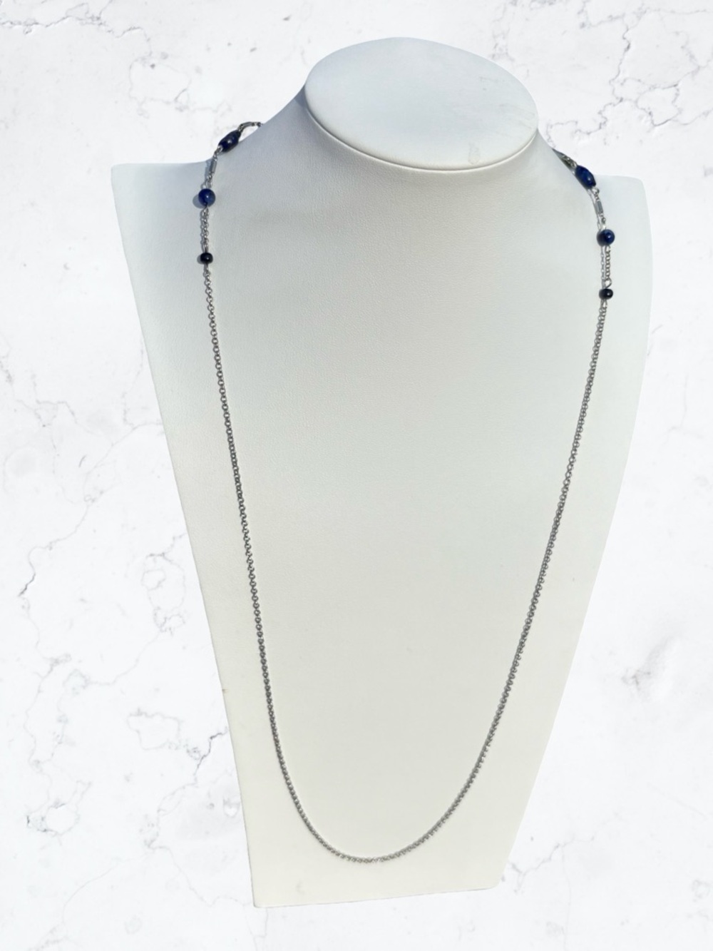 J. Jill Long Silver Chain Necklace  Mask Lanyard with Blue Beads